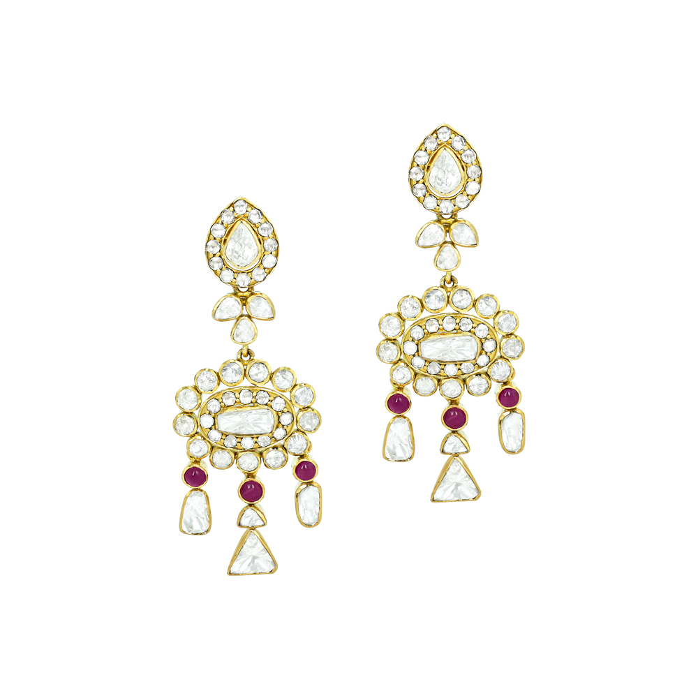 Polki Earrings with Ruby Accents and Dangling Drops